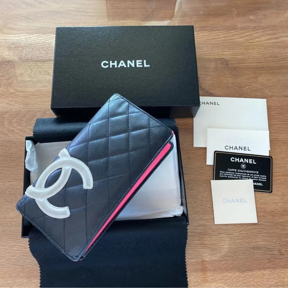 Authentic! CHANEL Cambon Coco BiFold Leather Long Wallet Black DO NOT COME CHAIN